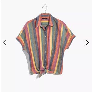 Madewell Short-Sleeve Tie-Front Shirt in Rainbow Stripe XXS